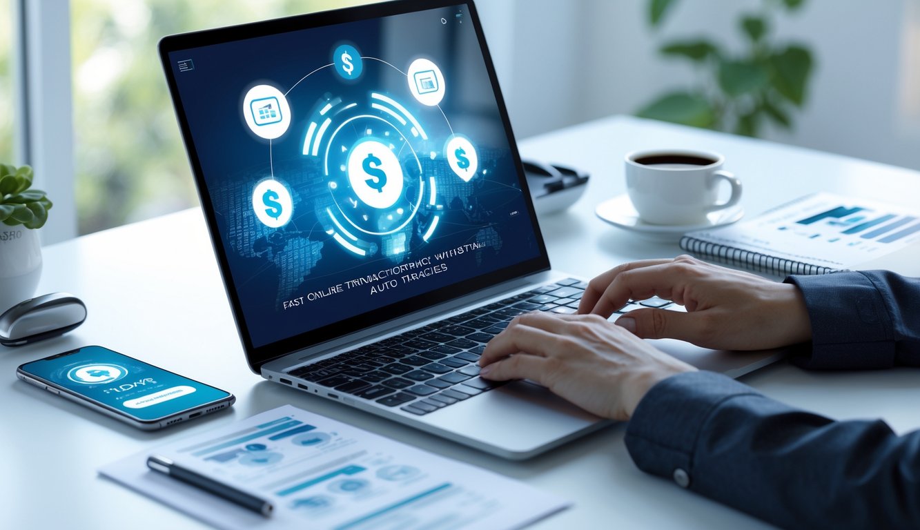 Seseorang menggunakan laptop di meja dengan ikon transaksi keuangan digital yang menyala di layar.