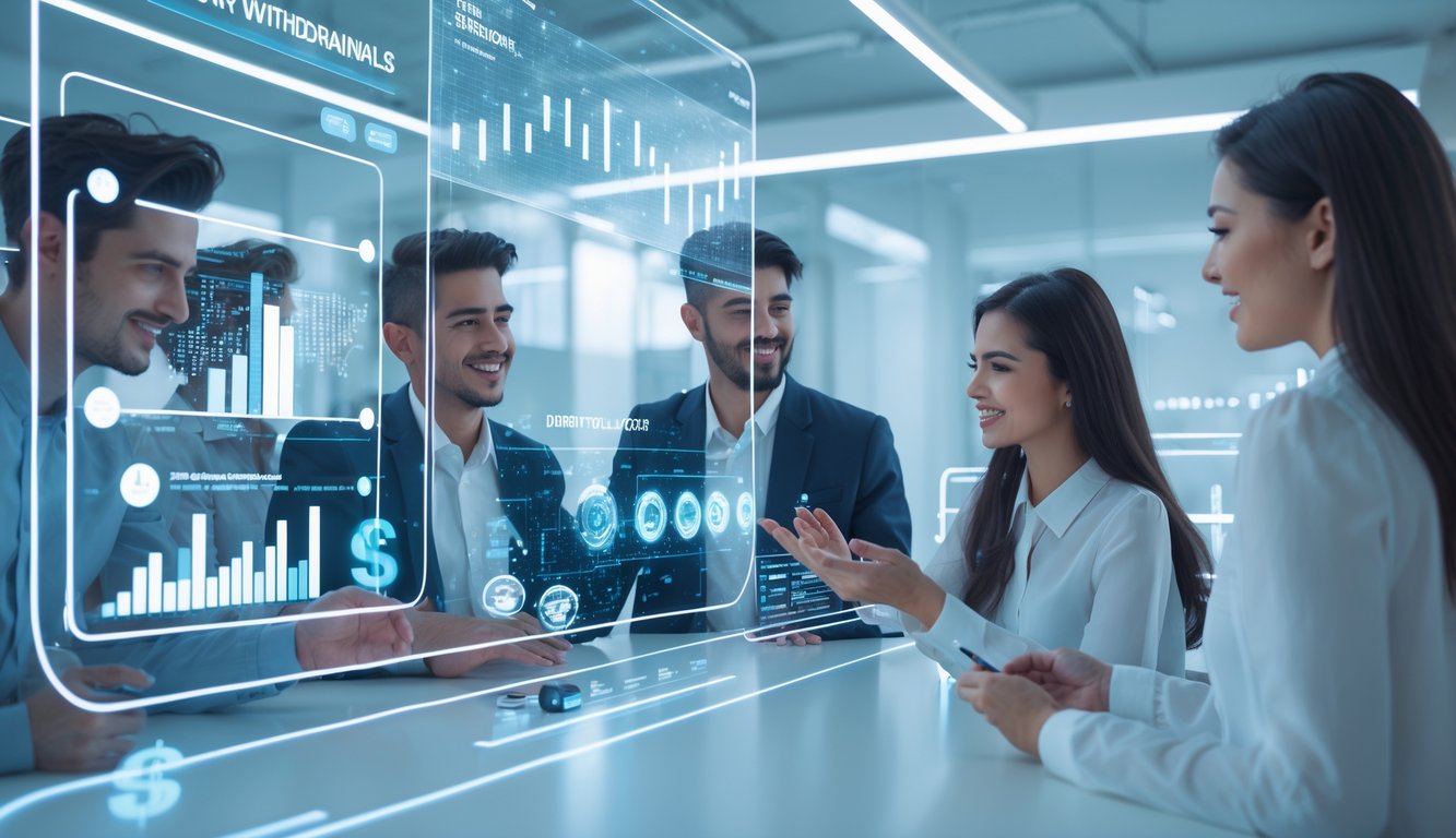 Sekelompok orang muda di kantor modern menggunakan layar holografik untuk transaksi keuangan online dengan suasana yang cepat dan efisien.