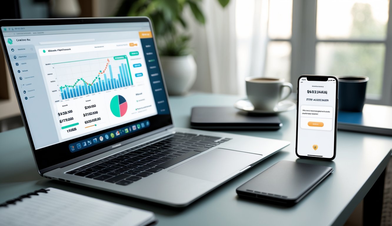 Sebuah ruang kerja rumah modern dengan laptop dan ponsel yang menampilkan aktivitas pembayaran online dan transaksi terpercaya.