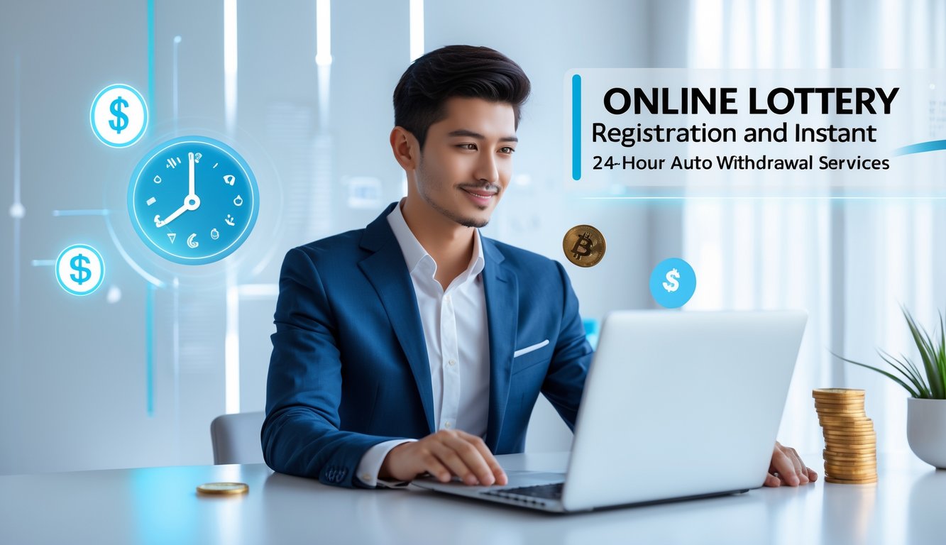 Seorang dewasa muda menggunakan laptop di ruang kerja modern dengan ikon digital yang menunjukkan layanan pembayaran instan dan penarikan otomatis 24 jam.