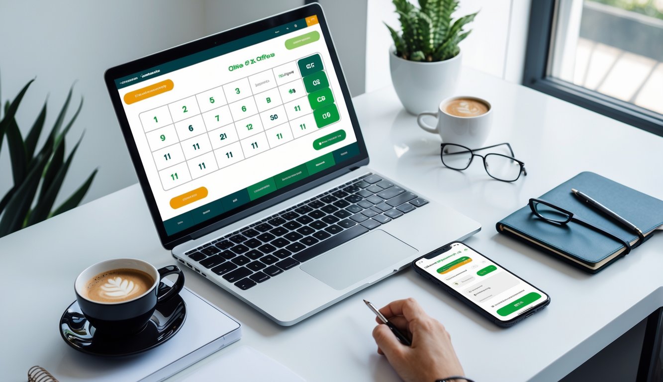 Sebuah ruang kerja modern dengan laptop dan ponsel yang menampilkan aktivitas togel online, di meja terdapat kopi, buku catatan, dan kacamata.