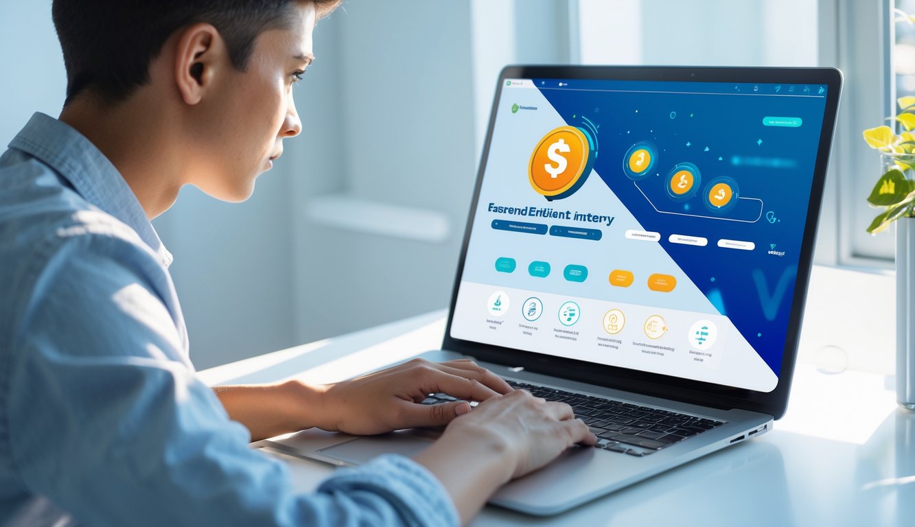 Seseorang menggunakan laptop di ruang kerja yang terang dengan tampilan antarmuka digital yang menunjukkan proses cepat dan mudah dalam platform togel online.