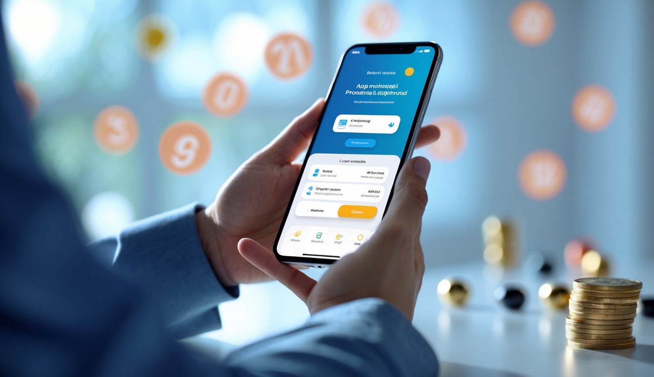 Seseorang menggunakan ponsel pintar untuk melakukan transaksi keuangan online dengan latar belakang elemen lotere yang samar.