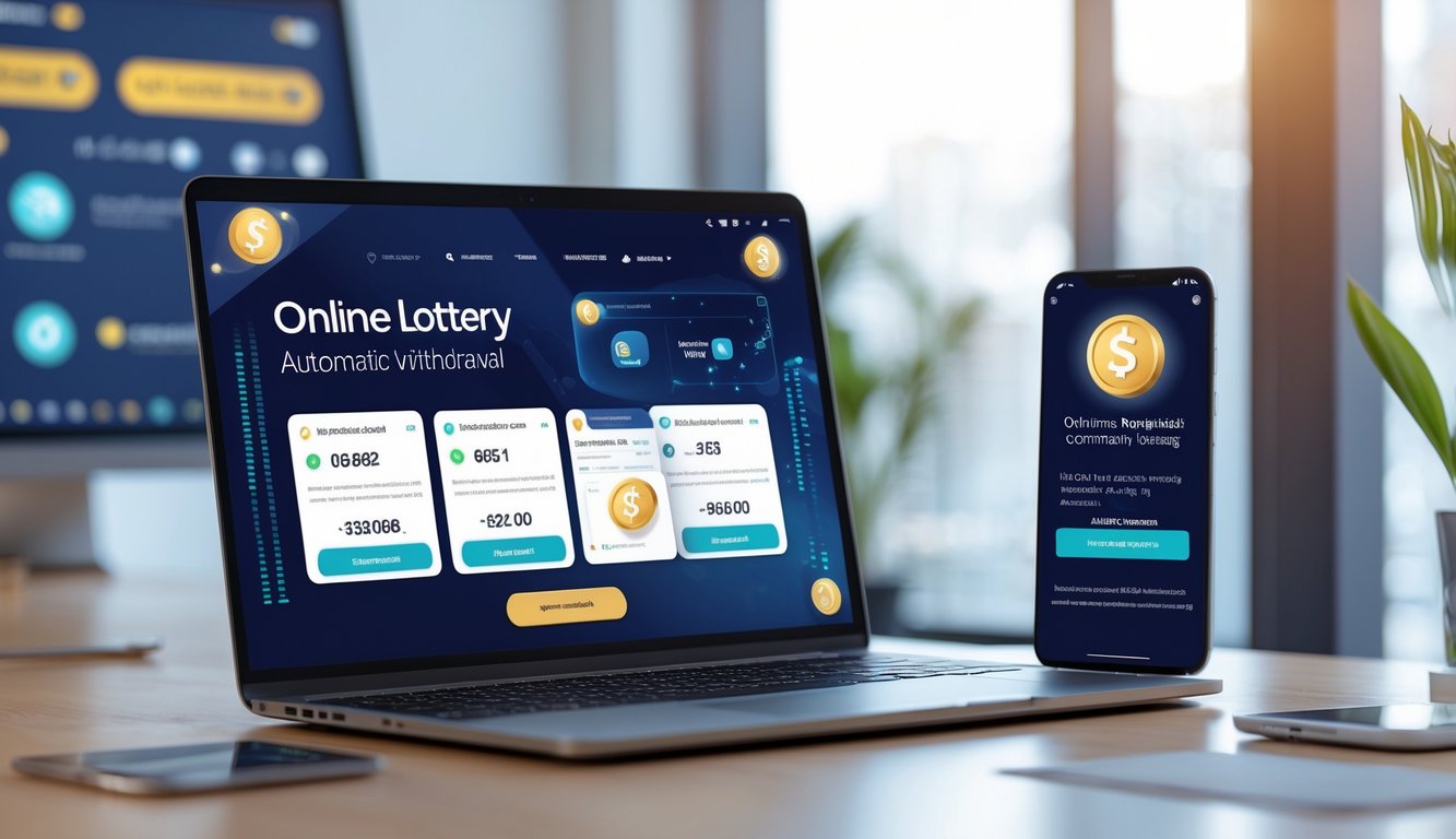 Seorang pria menggunakan laptop dan ponsel di meja kerja modern dengan tampilan transaksi cepat dan aman pada layar perangkat.