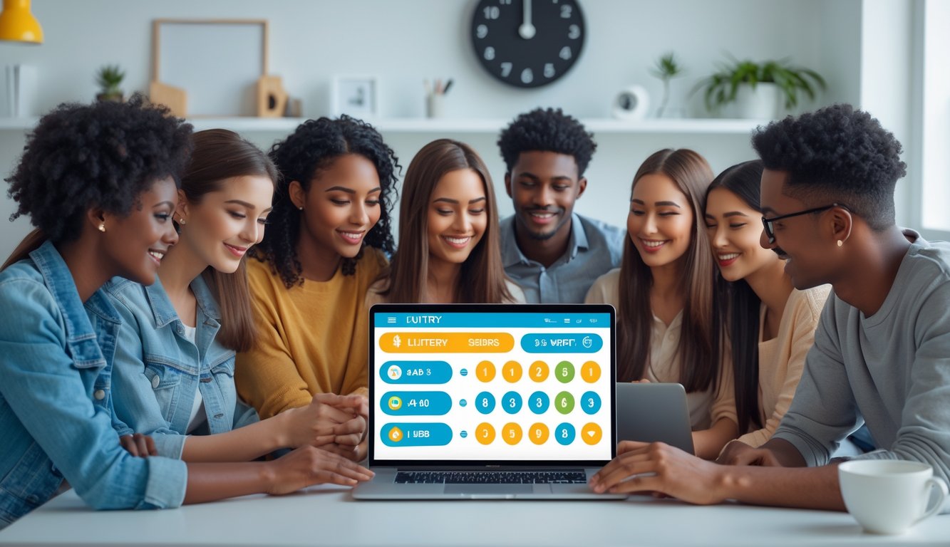 Beberapa orang muda sedang menggunakan laptop di ruang tamu yang nyaman, terlihat sedang memilih angka dalam permainan togel online dengan suasana yang aman dan cepat.