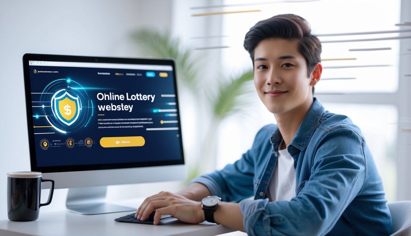 Seorang dewasa muda duduk di meja dengan laptop terbuka, menampilkan situs togel online yang aman, di ruangan yang terang dan rapi.