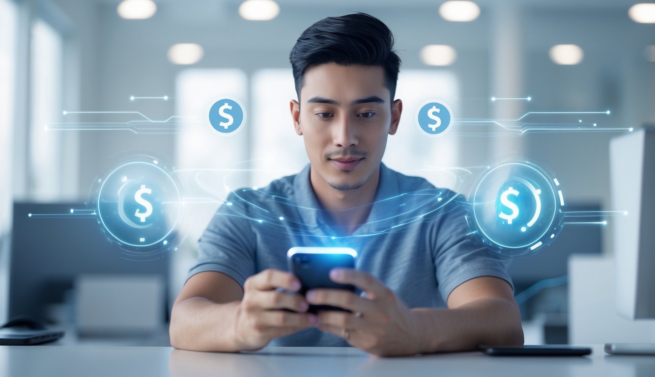 Seorang dewasa muda menggunakan ponsel pintar dengan konfirmasi pembayaran instan di layar, di latar belakang kantor modern yang terang.