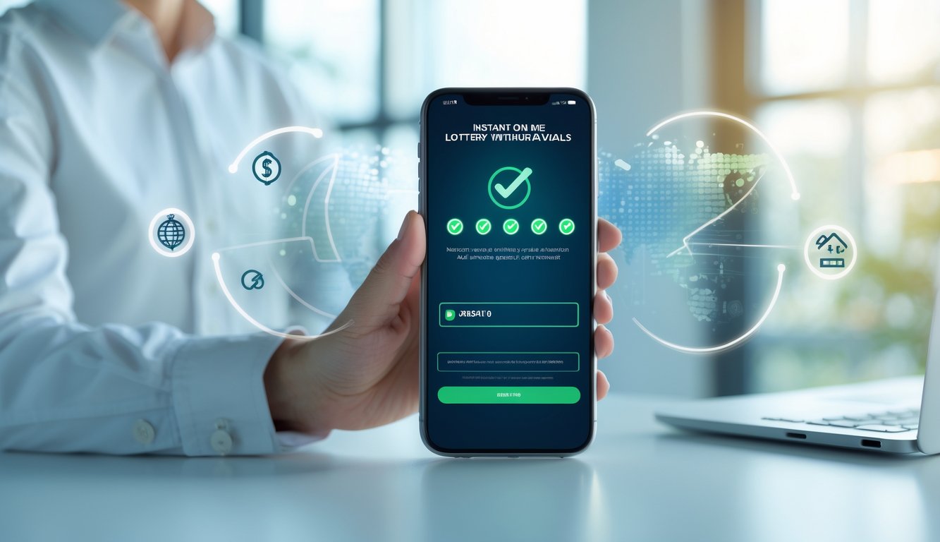 Seseorang memegang ponsel dengan layar menampilkan konfirmasi transaksi berhasil di lingkungan kantor yang terang dan bersih.