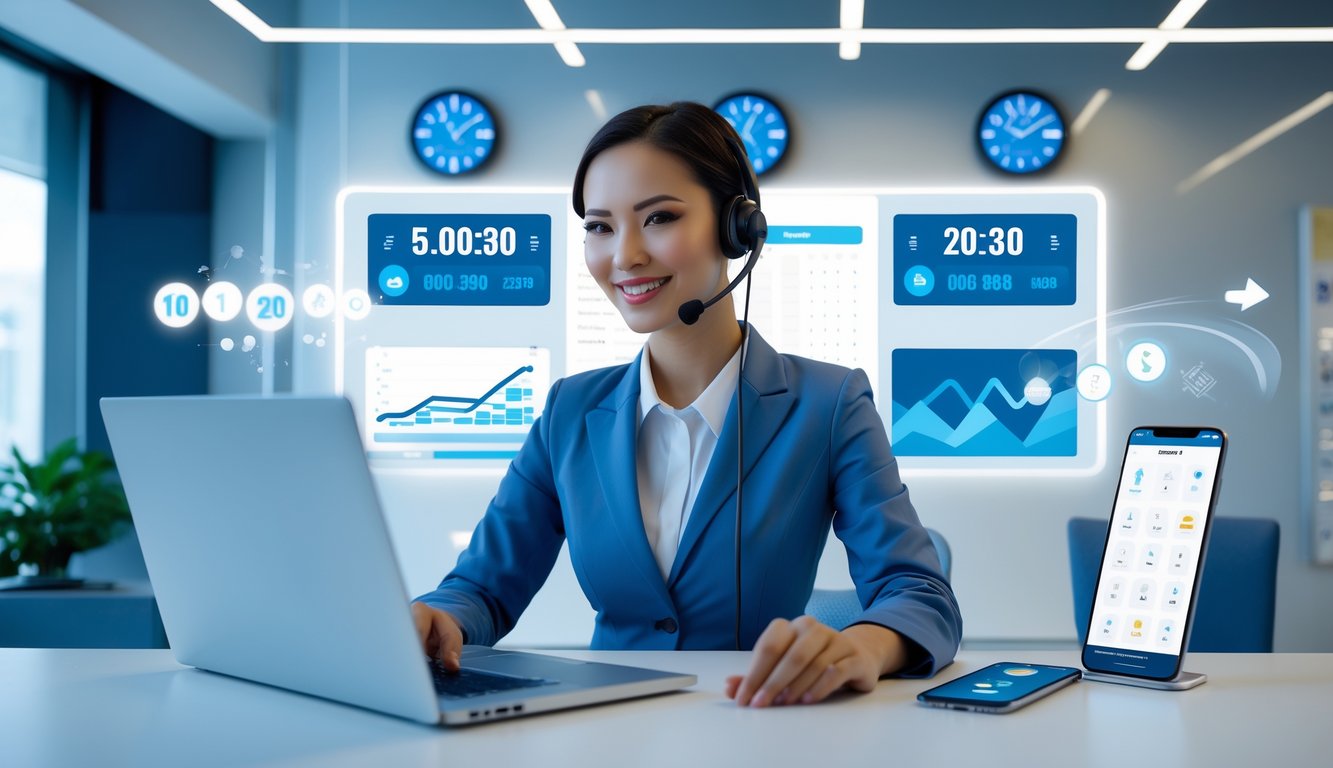 Seorang perwakilan layanan pelanggan sedang bekerja dengan laptop di kantor modern dengan jam digital di latar belakang menunjukkan layanan nonstop.