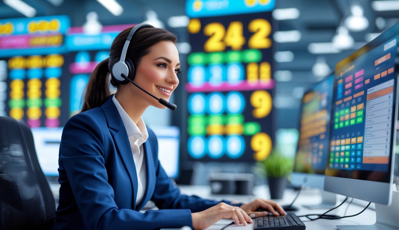 Seorang staf layanan pelanggan yang tersenyum menggunakan headset di depan komputer dengan layar menampilkan angka togel dan data digital di latar belakang kantor modern.