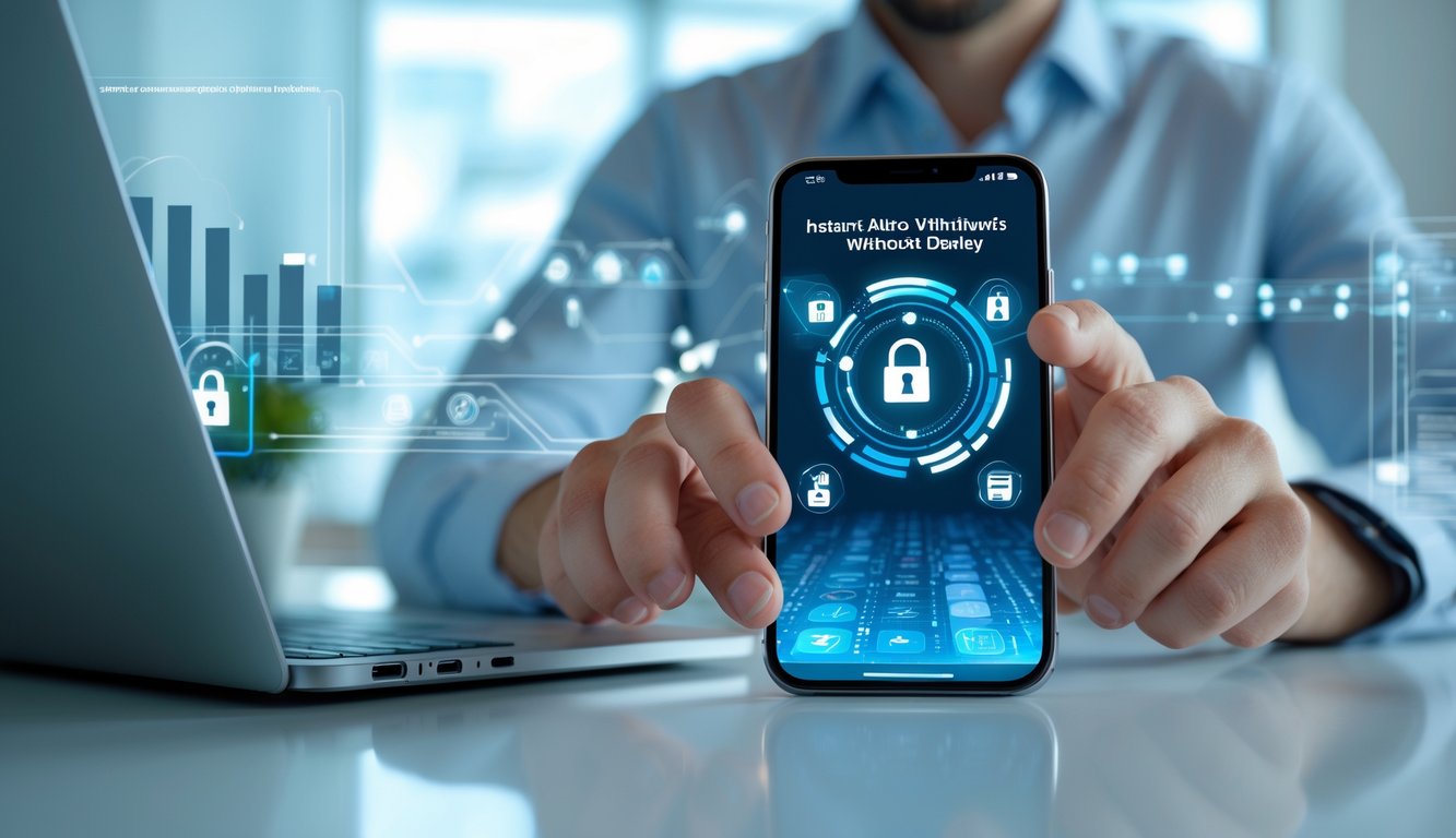 Seseorang menggunakan ponsel di kantor modern dengan tampilan transaksi digital yang cepat dan aman.