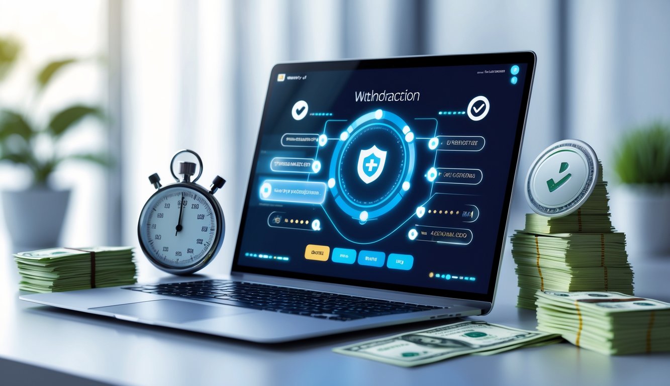 Seorang profesional menggunakan laptop di meja kerja dengan simbol kecepatan dan keamanan transaksi online.