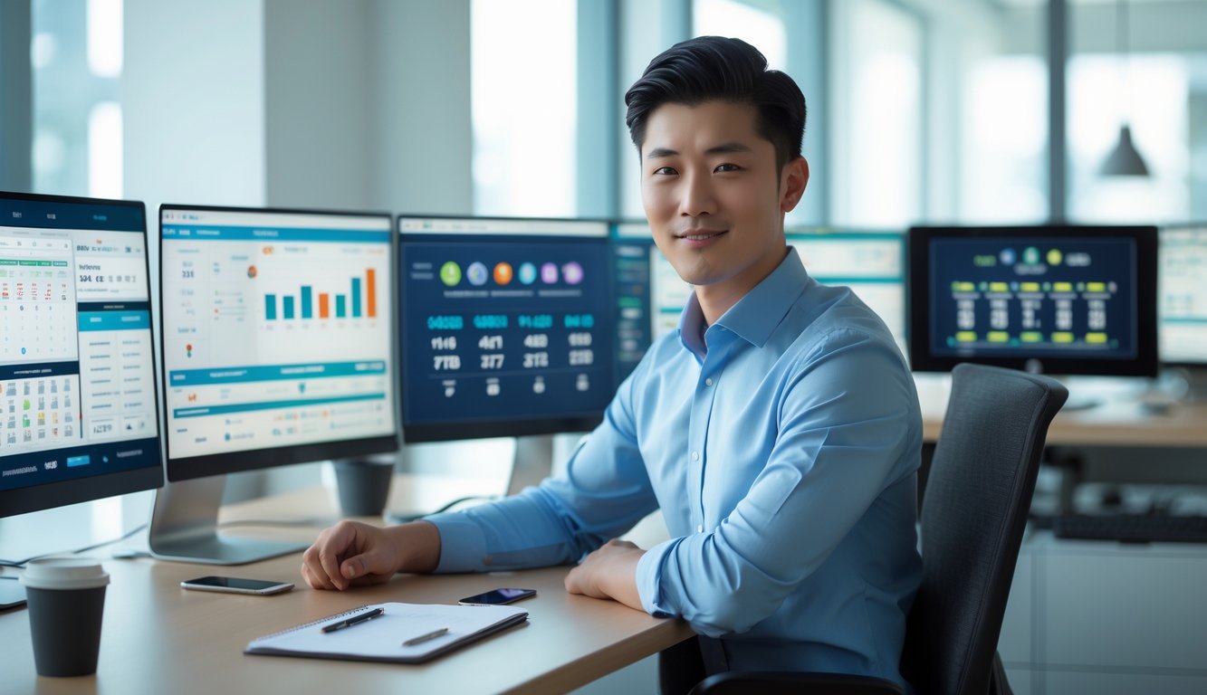 Seorang pria muda duduk di meja kerja dengan beberapa monitor komputer menampilkan grafik dan angka, di ruang kantor modern yang terang.