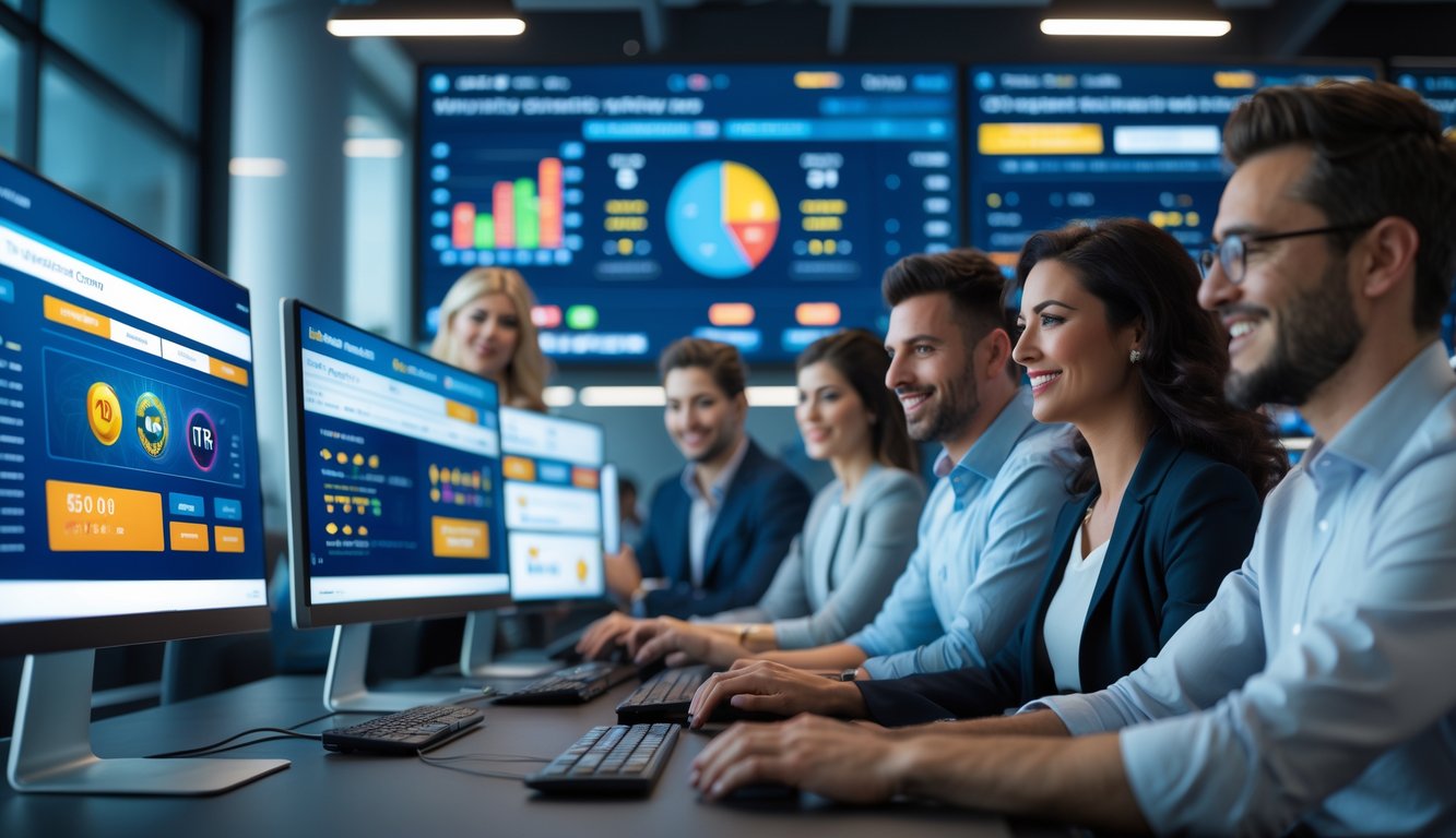 Sekelompok orang bekerja di kantor modern dengan komputer yang menampilkan grafik dan antarmuka togel online.