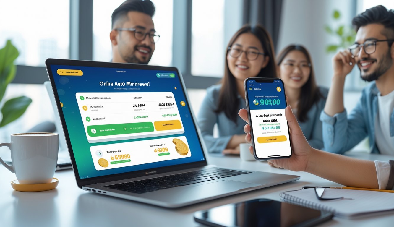 Seorang pengguna duduk di depan laptop dan smartphone yang menampilkan notifikasi transaksi otomatis berhasil, di ruang kerja yang rapi dan terang.