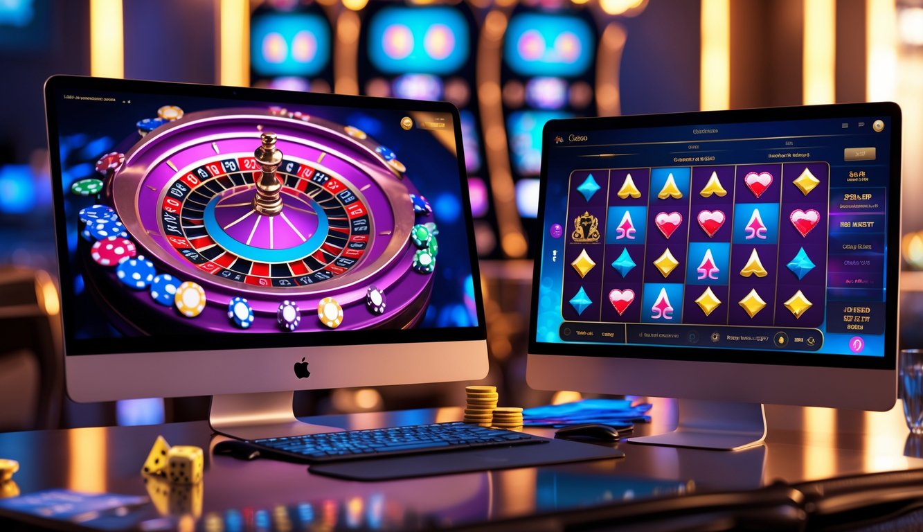 Suasana kasino online dengan komputer dan ponsel menampilkan permainan kasino seperti roulette dan mesin slot.