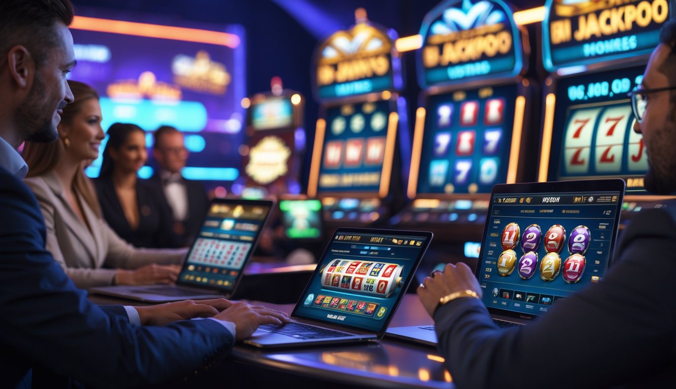 Beberapa orang sedang bermain kasino online dengan antusias menggunakan laptop dan ponsel di ruangan modern.
