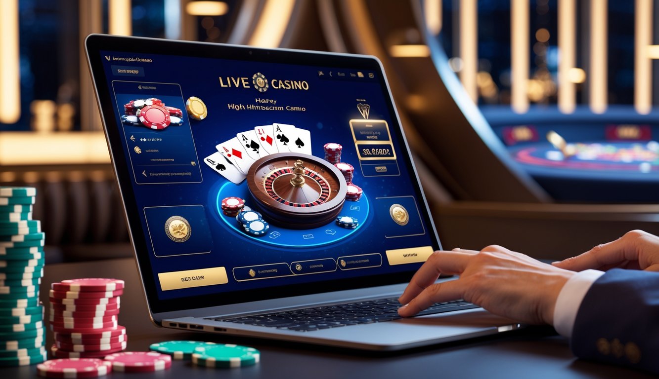 Seorang pemain sedang menggunakan komputer untuk bermain kasino langsung online dengan kartu, roda roulette, dan tumpukan chip di meja.