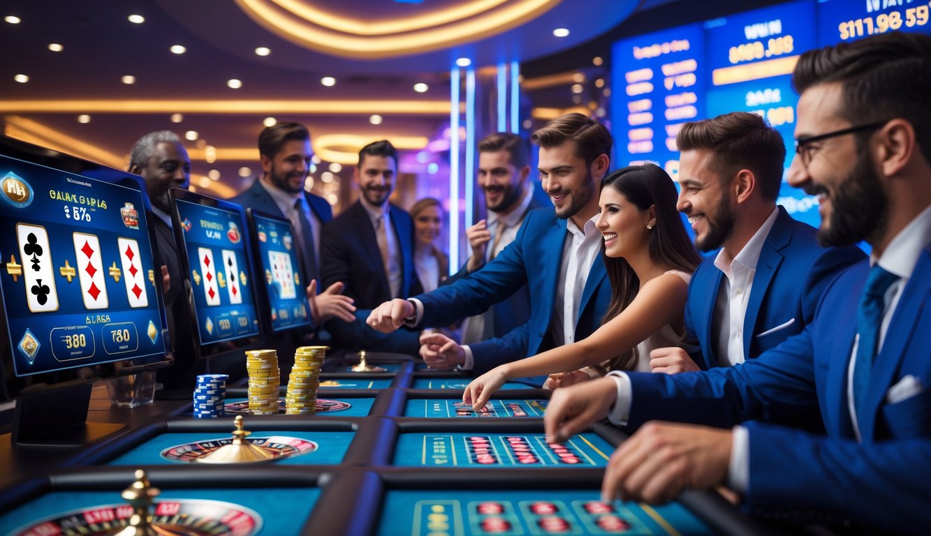 Orang-orang sedang bermain permainan kasino online dengan suasana yang hidup dan penuh semangat di sebuah ruangan modern.