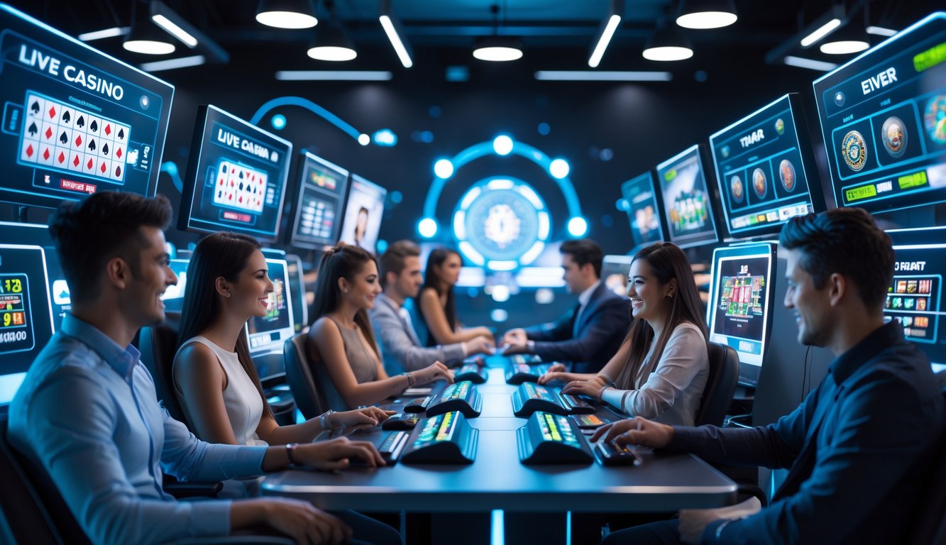 Beberapa orang muda sedang bermain permainan kasino langsung online di depan komputer dengan suasana modern dan cerah.