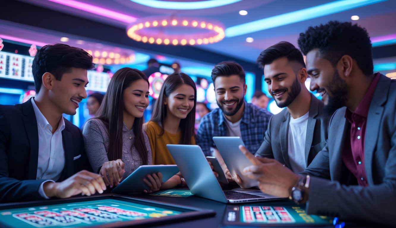 Sekelompok orang muda sedang bermain permainan kasino online di laptop dan tablet dengan latar belakang elemen kasino seperti kartu dan roda roulette.
