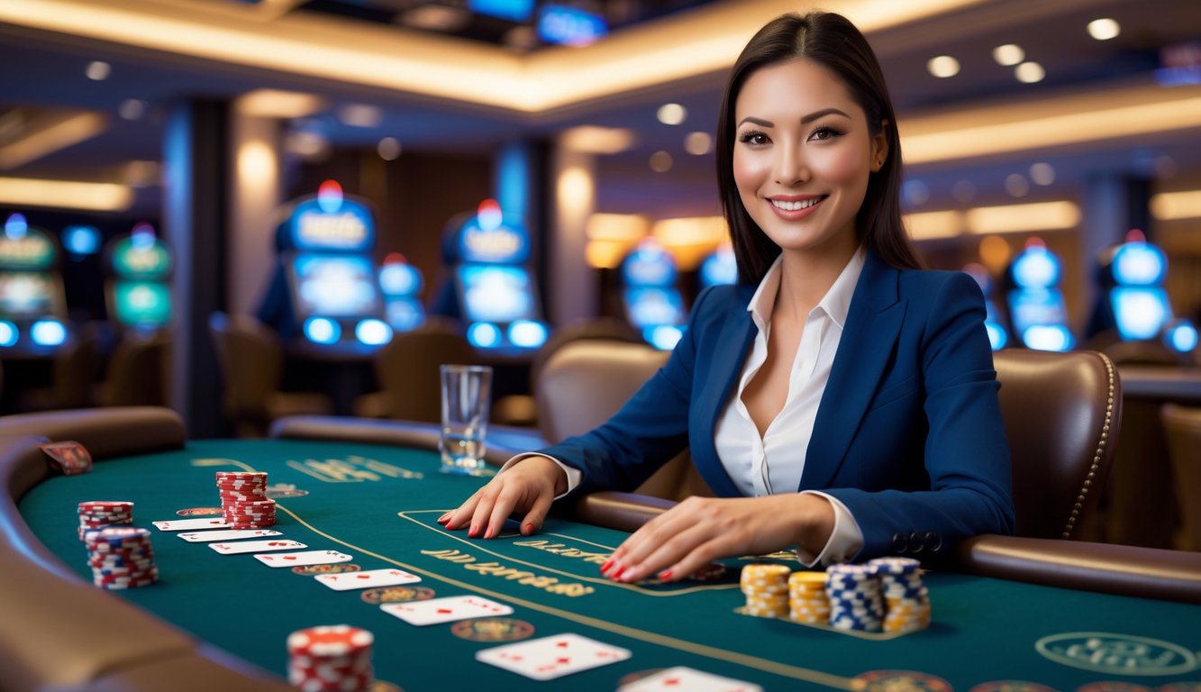 Seorang dealer wanita profesional duduk di meja kasino dengan kartu dan chip, di latar belakang suasana kasino modern.