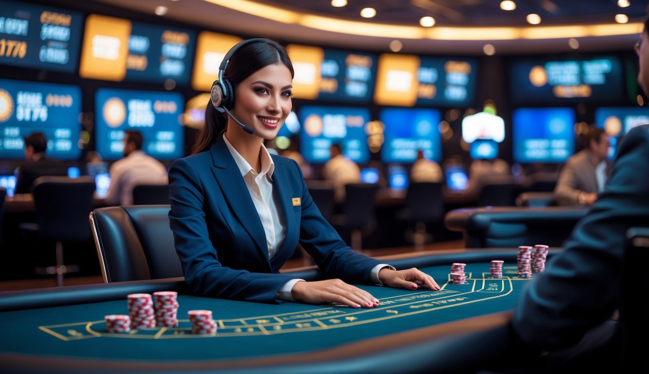 Seorang dealer profesional duduk di meja kasino dengan kartu dan chip, dikelilingi layar besar yang menampilkan statistik permainan dan suasana kasino yang modern.