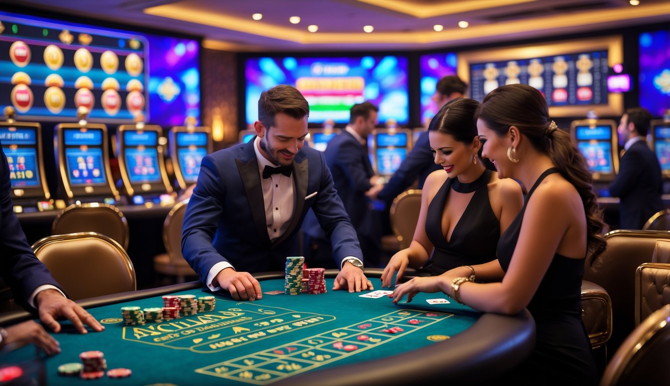 Suasana kasino langsung dengan dealer dan pemain yang sedang bermain di meja permainan dengan peralatan kasino seperti kartu dan chip.