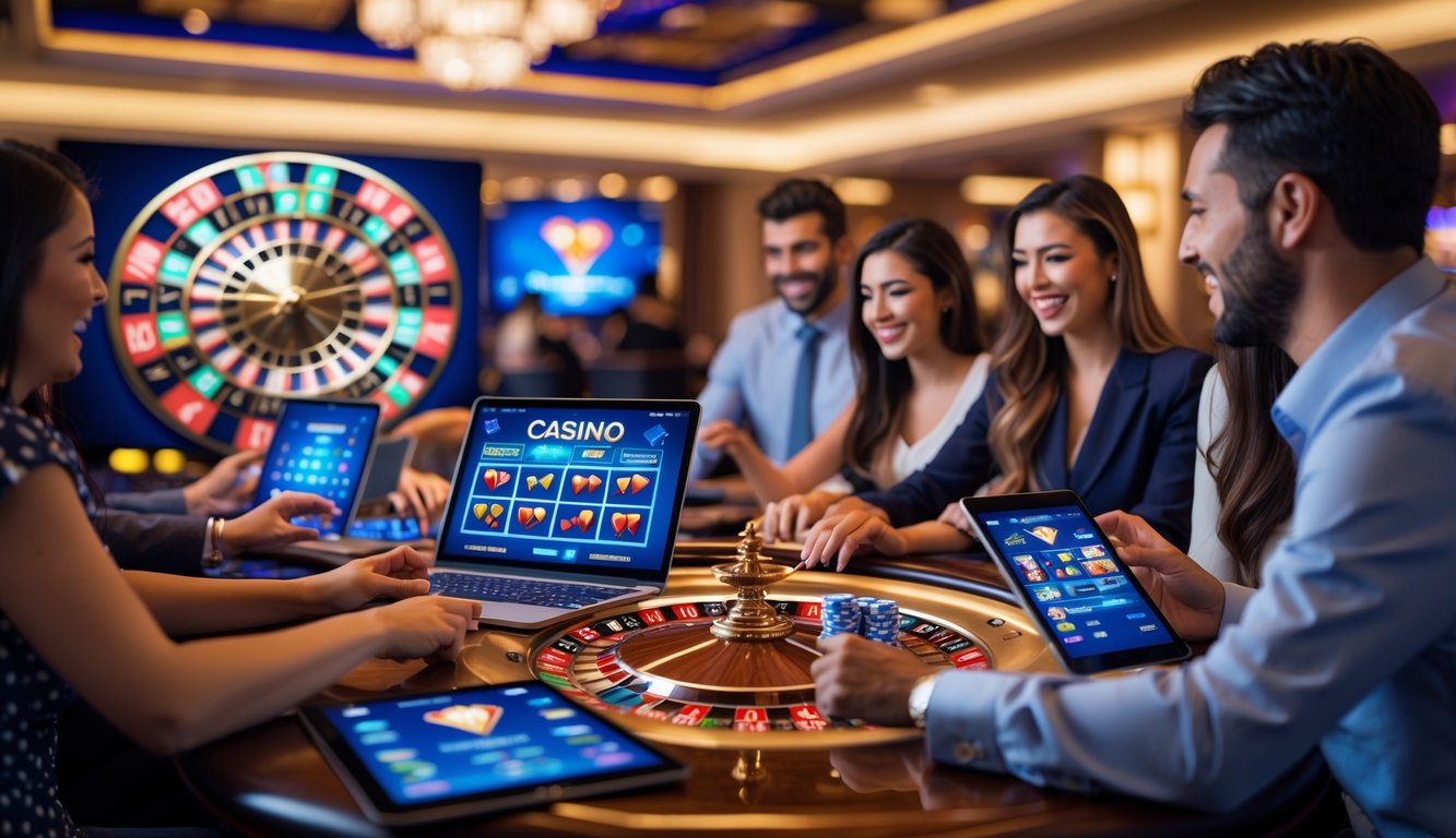 Beberapa orang bermain permainan kasino langsung secara online menggunakan perangkat digital di suasana kasino yang cerah dan ramai.