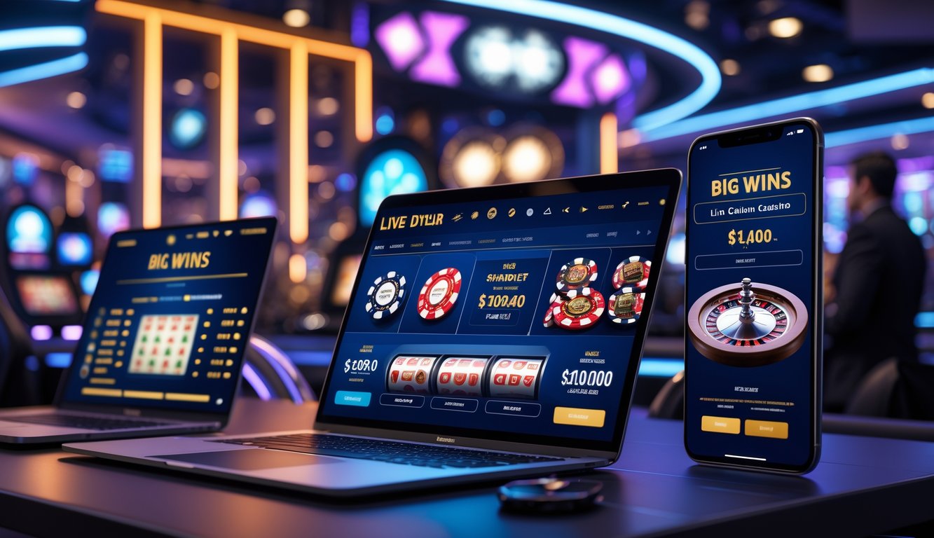 Suasana kasino online dengan dealer langsung dan perangkat digital menampilkan permainan kartu dan roda roulette.