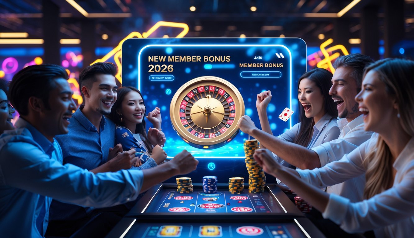 Orang-orang muda yang antusias bermain di kasino online dengan antarmuka digital modern dan elemen kasino seperti roda roulette dan kartu.