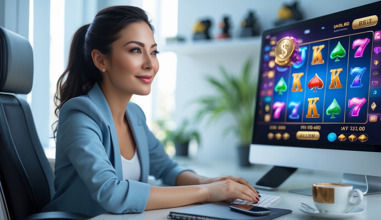 Seorang wanita muda duduk di depan laptop dengan tampilan permainan kasino online, terlihat fokus dan percaya diri di ruang kerja modern.