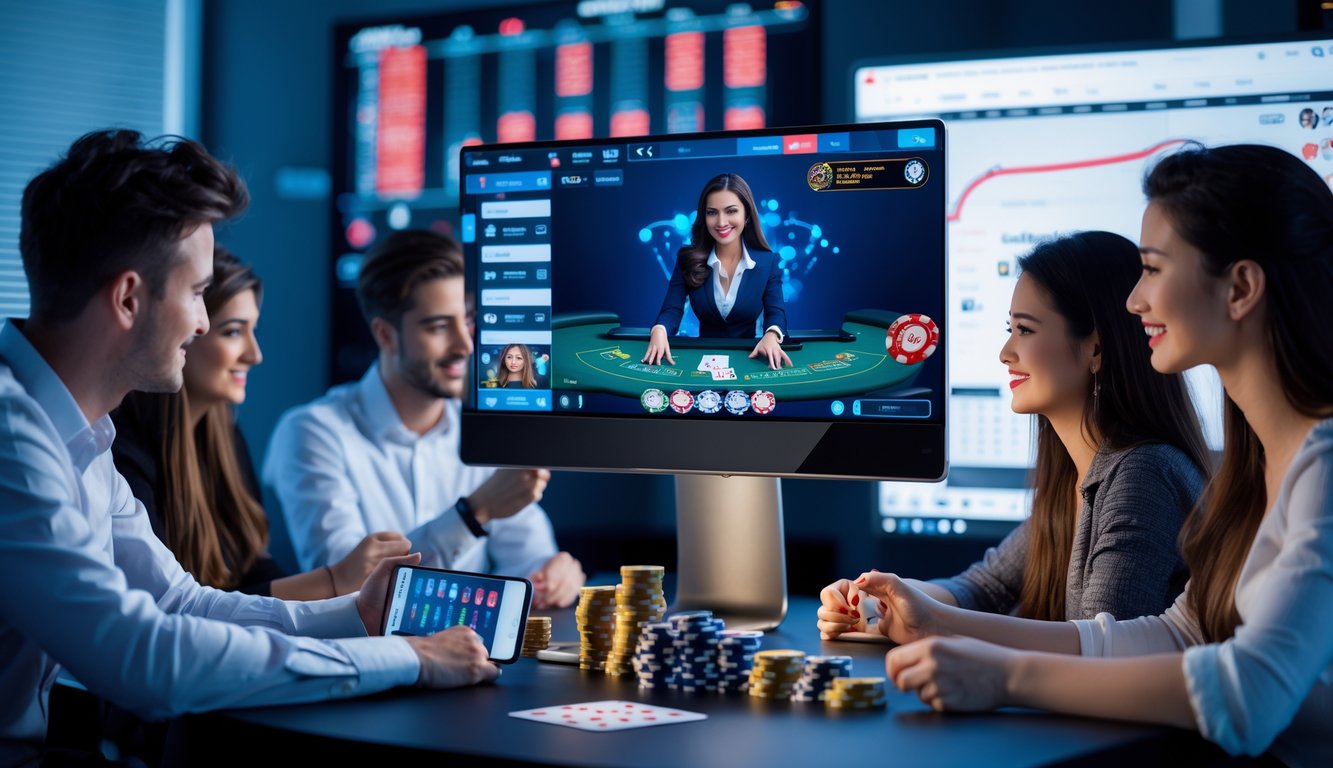 Beberapa orang sedang fokus bermain live casino online dengan dealer kartu di layar komputer, suasana penuh konsentrasi dan strategi.