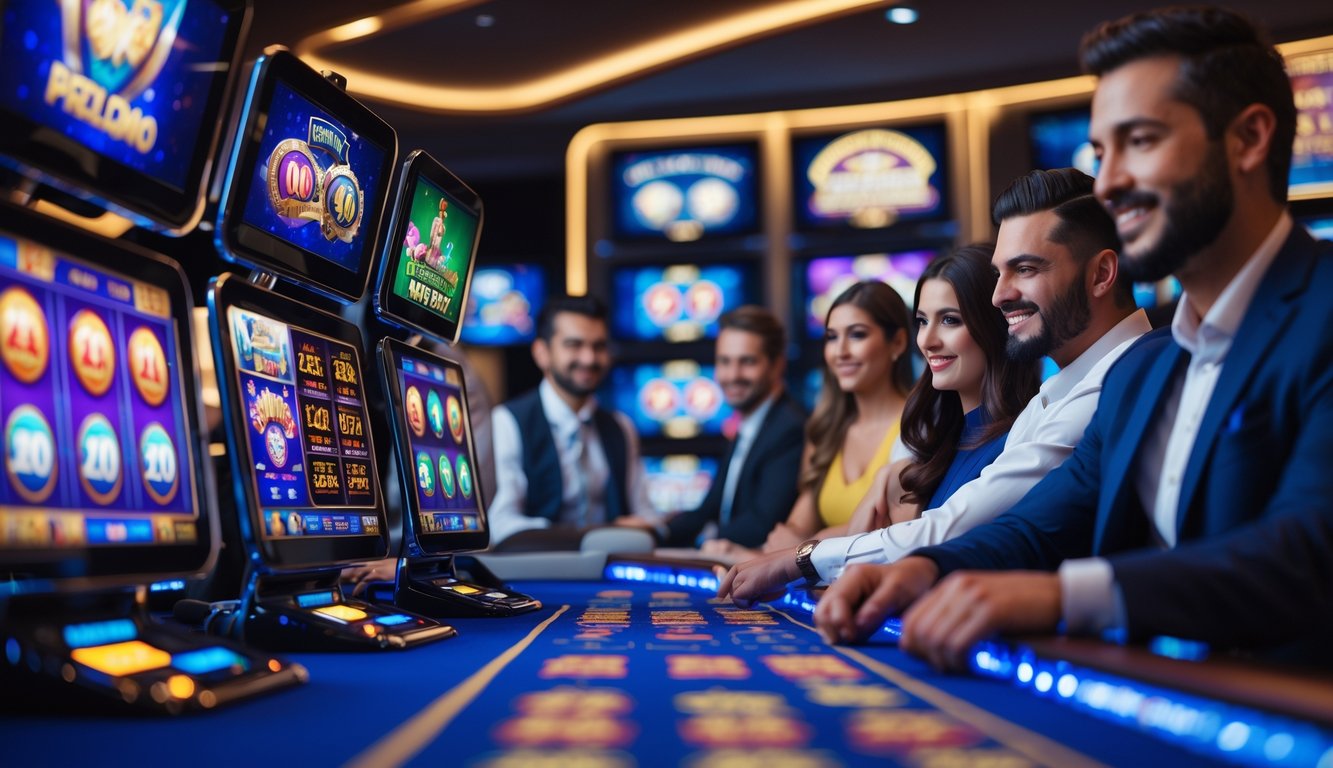 Suasana kasino online dengan pemain dan dealer sedang bermain di depan layar komputer.