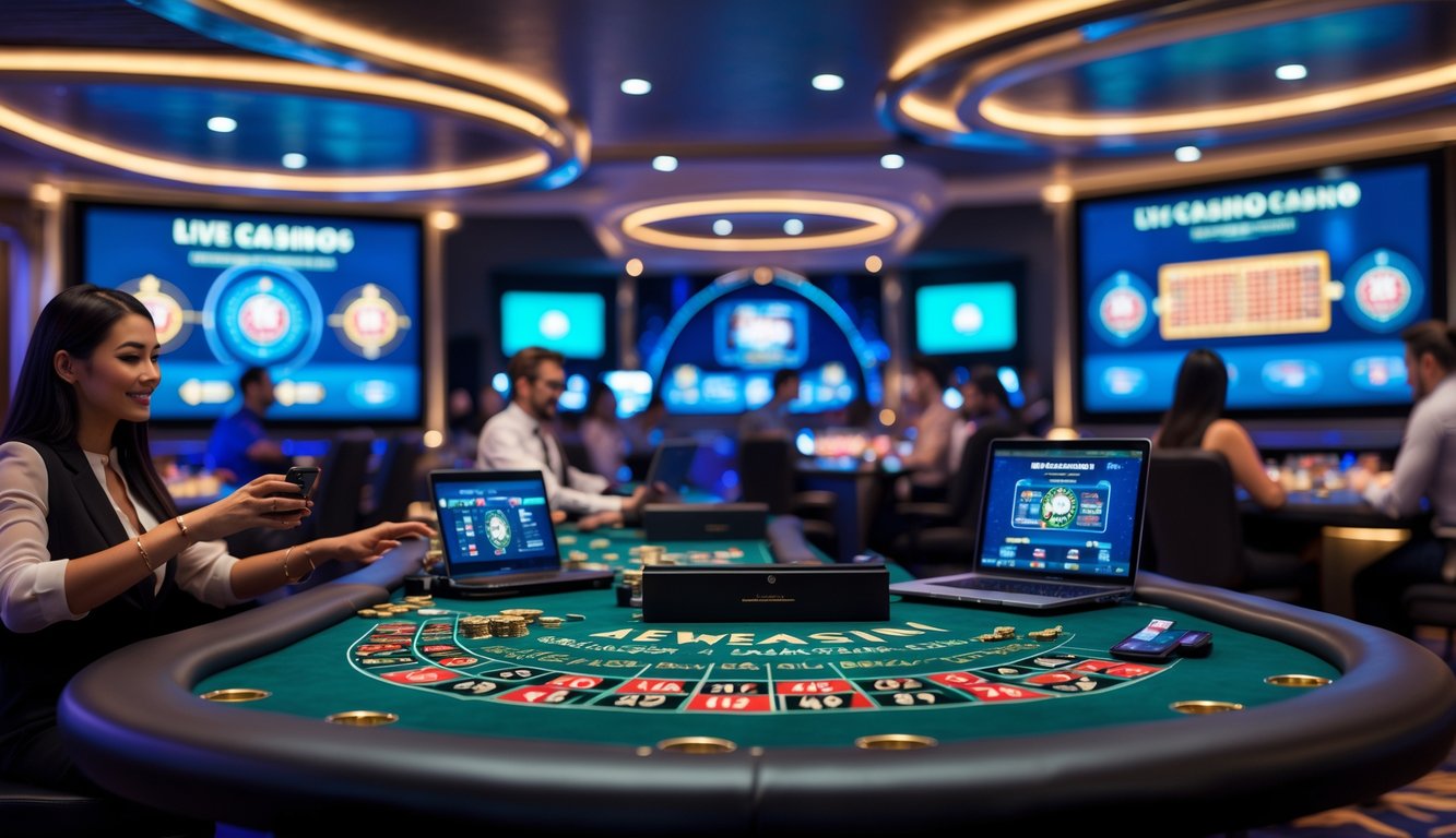 Suasana kasino langsung online dengan meja permainan, layar digital, dan pemain yang menggunakan perangkat laptop dan ponsel.