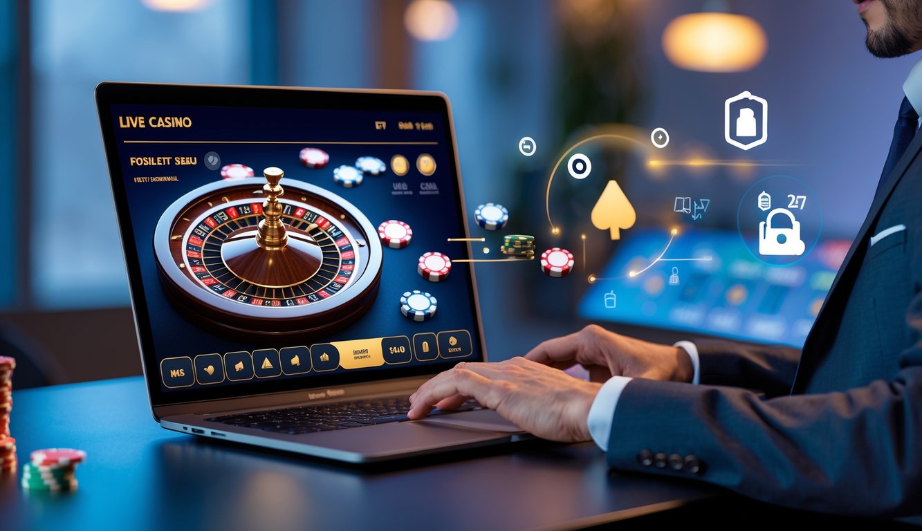 Seseorang menggunakan komputer dengan tampilan kasino online langsung, menunjukkan transaksi cepat dan aman sepanjang waktu.