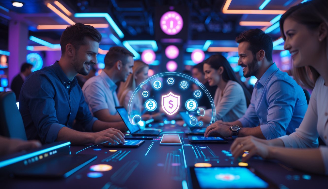 Orang-orang bermain kasino online dengan perangkat digital dalam suasana modern yang menunjukkan transaksi cepat dan aman sepanjang waktu.