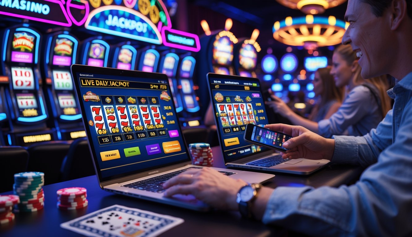Suasana kasino online dengan pemain yang antusias menggunakan laptop dan ponsel, menampilkan mesin slot berwarna-warni dan suasana penuh semangat.