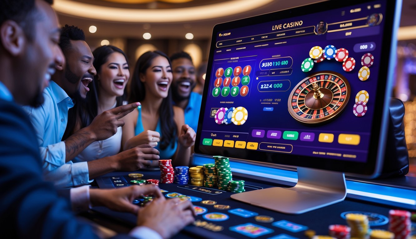 Orang-orang bermain kasino langsung online dengan layar komputer menampilkan permainan dan chip warna-warni dalam suasana mewah dan cerah.