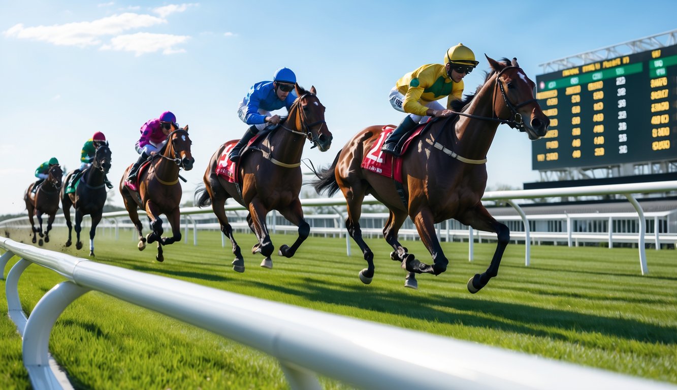Beberapa kuda pacu dengan joki sedang berlari kencang di lintasan balap kuda yang hijau dan terawat dengan papan skor digital di latar belakang.