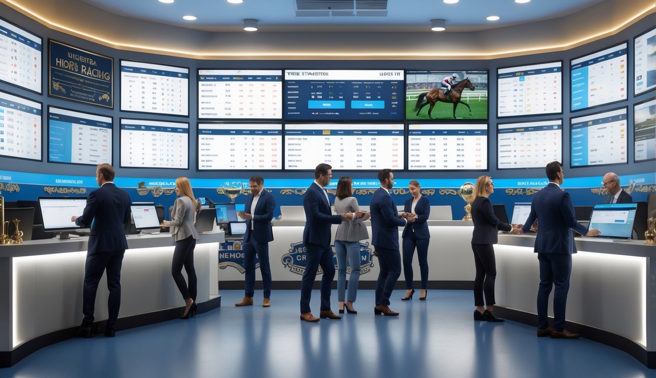 Orang-orang sedang menggunakan perangkat digital di kantor modern dengan layar yang menampilkan informasi balap kuda.