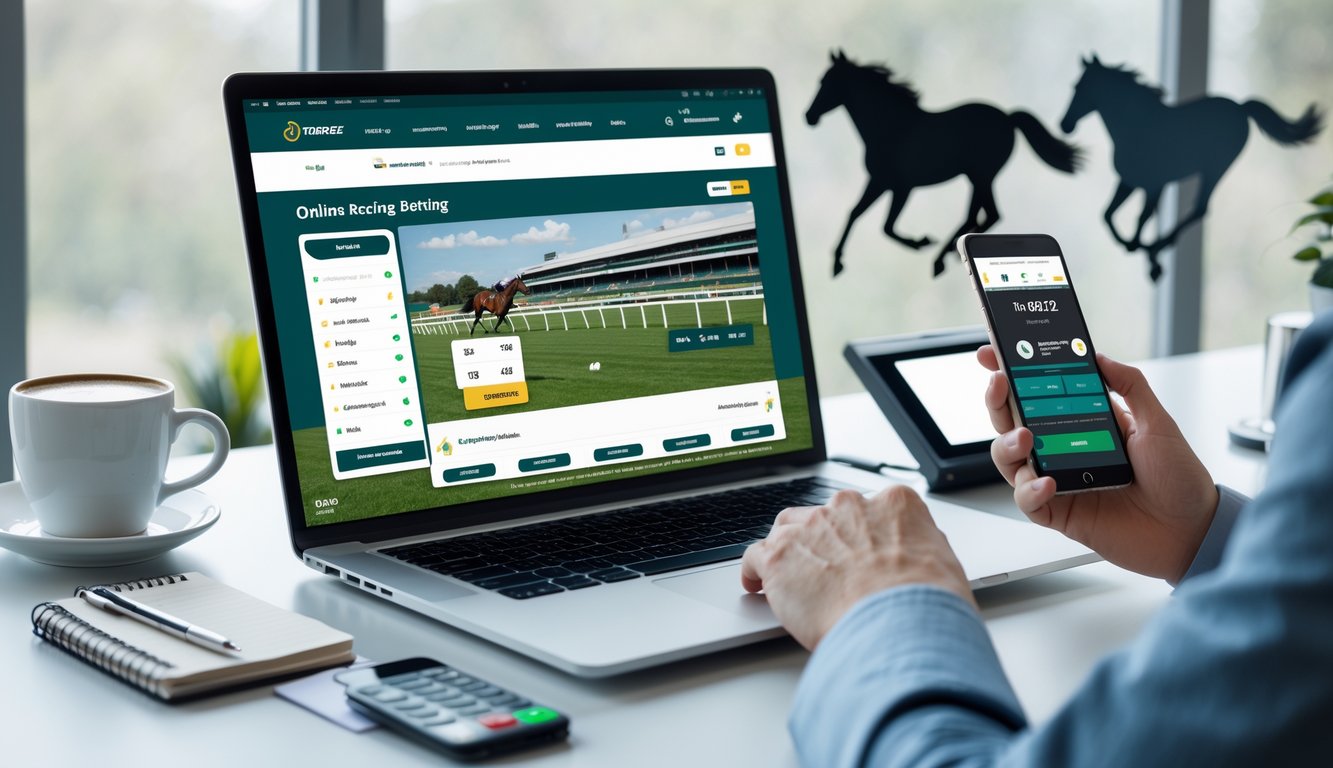 Seorang pria menggunakan laptop dan ponsel di meja kerja dengan latar belakang gambar pacuan kuda.