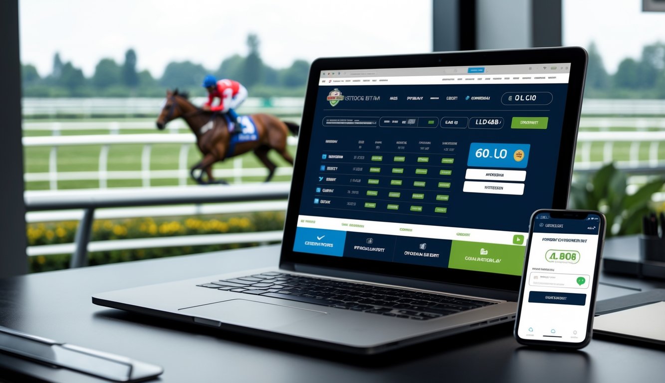 Seorang profesional menggunakan laptop dan ponsel untuk taruhan balap kuda online dengan latar belakang lintasan balap dan sertifikat resmi di meja.
