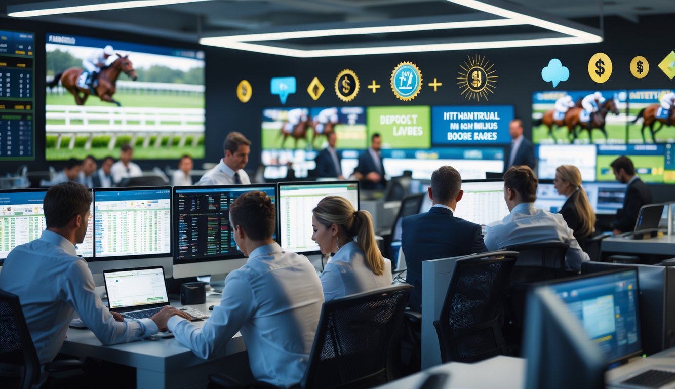 Kantor agen judi balap kuda internasional dengan profesional yang bekerja di depan komputer menampilkan data balap kuda.