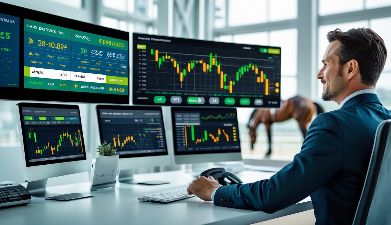 Seorang profesional di kantor modern yang sedang menggunakan layar digital dengan data balap kuda dan informasi taruhan.