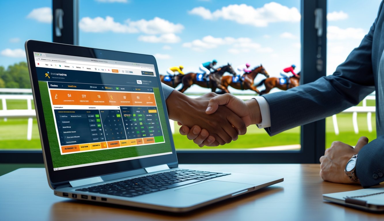 Seorang profesional menggunakan laptop dengan latar belakang arena balap kuda yang sedang berlangsung, menunjukkan suasana taruhan balap kuda online yang terpercaya.