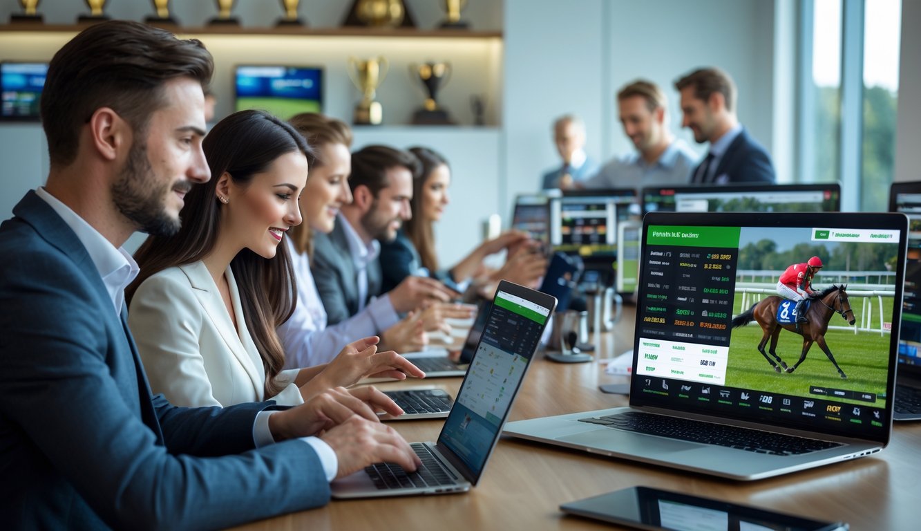 Orang-orang menggunakan laptop dan ponsel untuk bertaruh balap kuda online dengan layar yang menampilkan balapan kuda dan peluang taruhan.