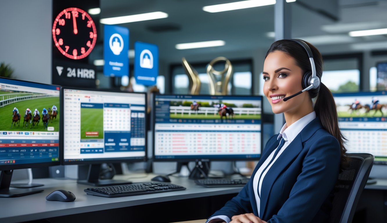 Seorang agen layanan pelanggan di kantor taruhan balap kuda yang modern dengan beberapa monitor komputer dan suasana yang aman dan terpercaya.