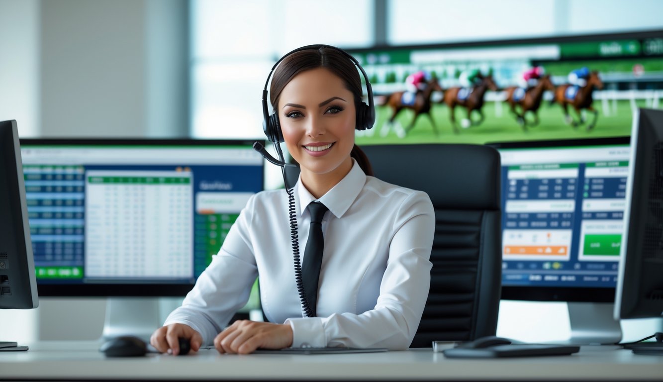 Seorang perwakilan layanan pelanggan yang percaya diri duduk di meja kantor dengan layar komputer menampilkan data balap kuda dan peluang taruhan.