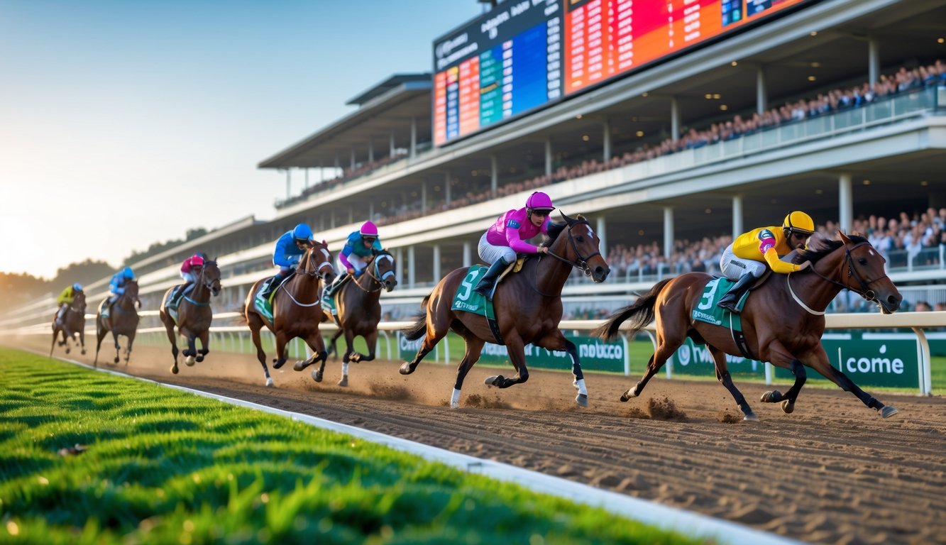 Beberapa kuda pacu dengan joki berwarna-warni sedang berlari kencang di lintasan balap dengan papan skor digital di latar belakang dan penonton yang memperhatikan dengan serius.